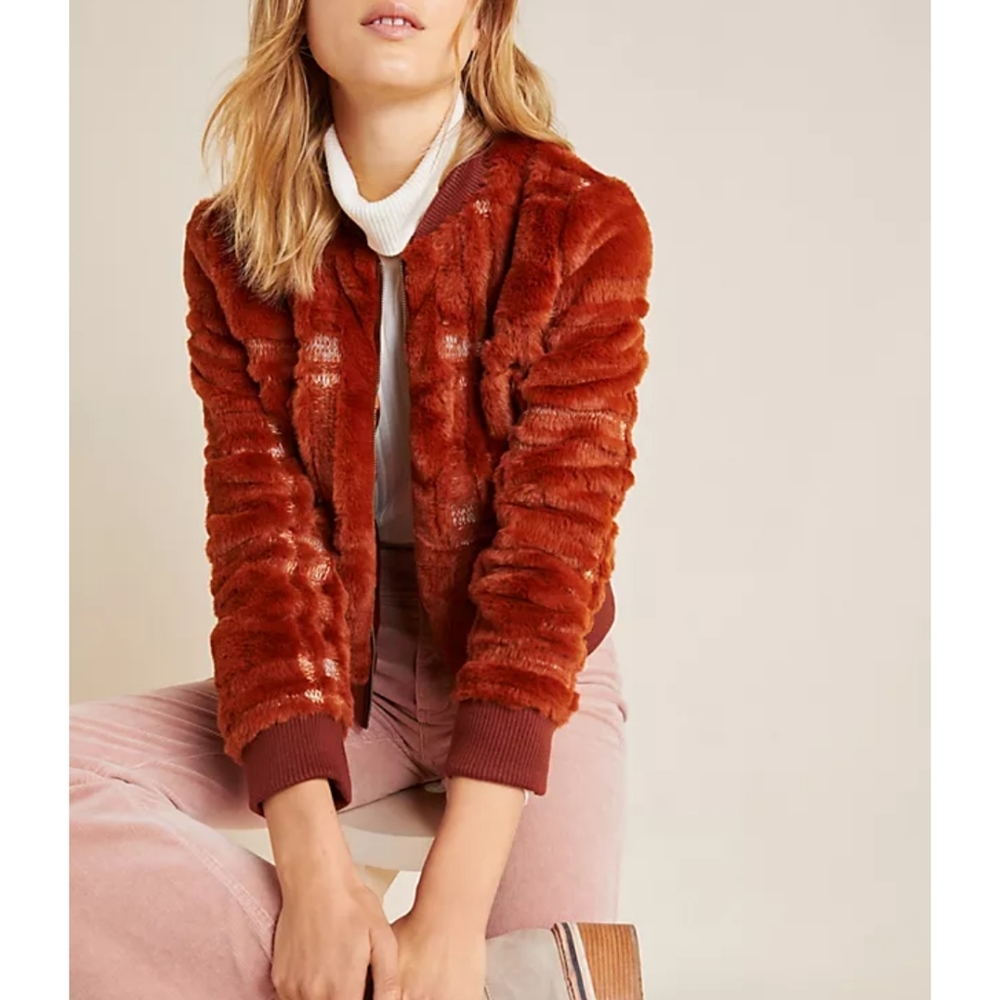 🍂 Anthropologie burnt orange faux fur plaid bomber jacket